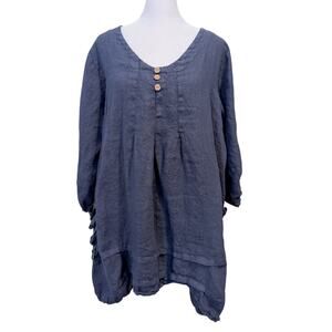 Couleur Lin Italian Linen Lagenlook Blue Blouse Size 56 XL